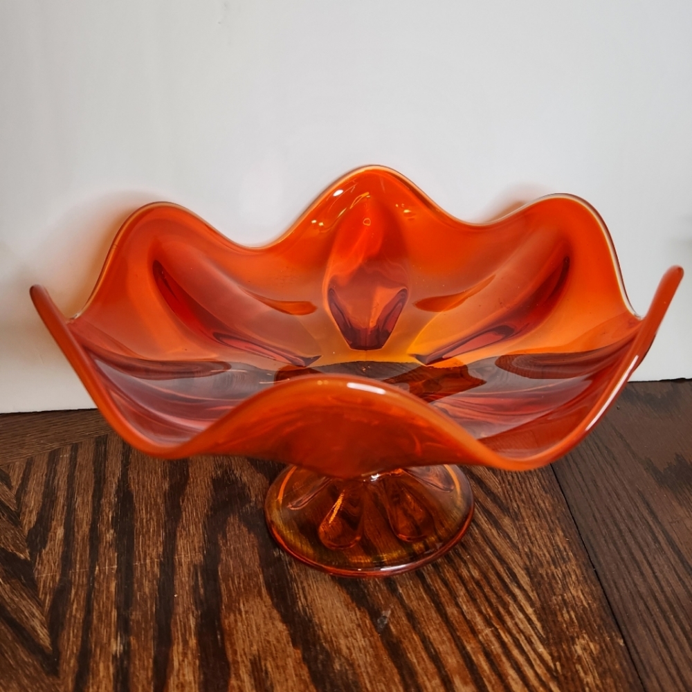 Vintage Amberina Viking Glass Bowl Glowy!- Persimmon Six Petal Compote